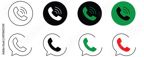 Collection of calling attend and abort communication icons phone and speech bubble symbols in outline black green and red variations for diverse app design needs