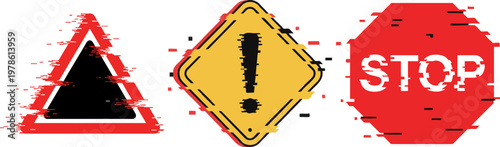 Set of digital glitch warning signs stop caution and hazard symbols