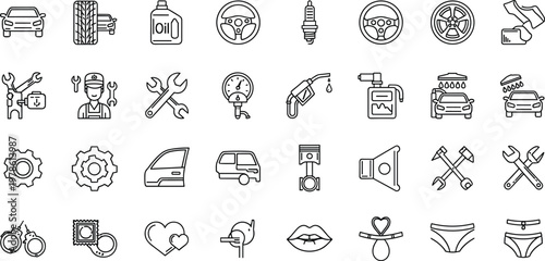Automotive and Service Line Icons Set with Car Parts, Repair Tools, Maintenance and Miscellaneous Symbols Illustration