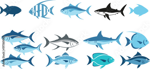 Fish and Shark Illustration Set with Marine Species Collection for Ocean, Sea Life, Underwater Wildlife, and Aquatic Animal Design Projects