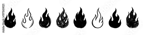 Flame icon set. Collection of hand drawn fire shapes with different styles and rough artistic texture