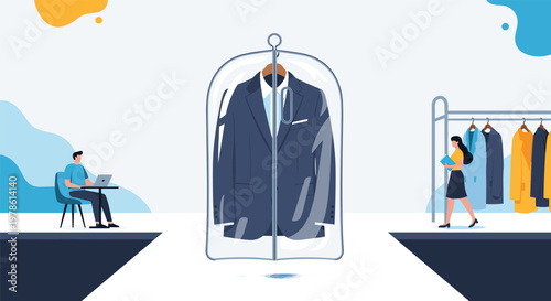 Business scene in a clothing store or dry cleaners features a suit in a plastic garment bag with people working in the background environment.