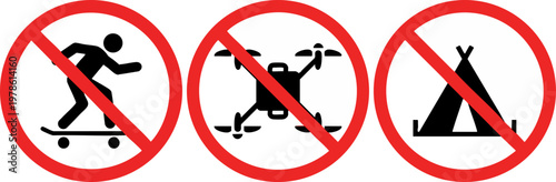 No skateboarding no drones and no camping prohibition signs