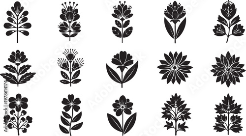 Collection of black floral silhouettes on white background