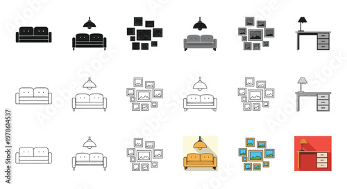 Collection of living room furniture and decor icons including sofas, lamps, desks, and wall art arrangements in multiple graphic styles.