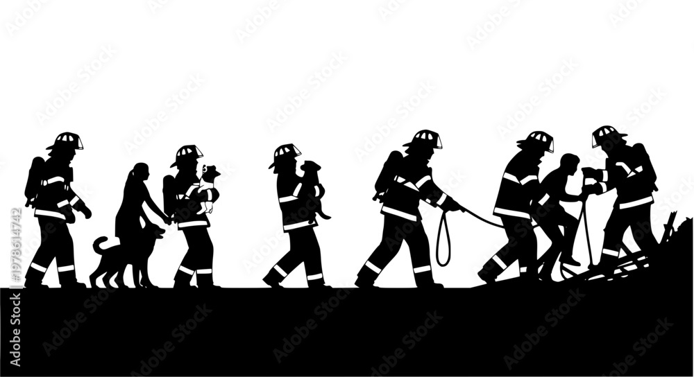 Obraz premium Firefighter Rescue Scene Vector – Saving People and Pets Silhouettes
