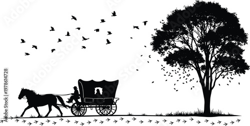 Silhouette of a horse pulling a covered wagon through a windy nature landscape with flying birds and falling tree leaves.