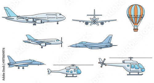 Collection of various aircraft and hot air balloon illustrations.