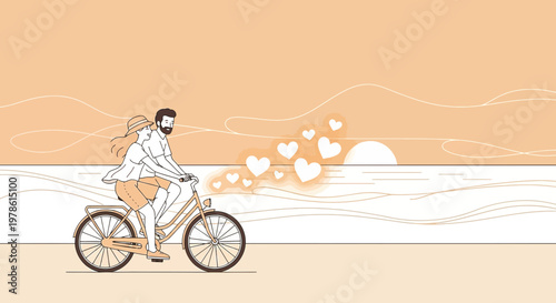 Man riding bicycle by the sea with hearts, romantic illustration
