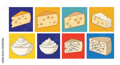 Various types of cheese wedges and bowls of white cream or dip are displayed on vibrant square backgrounds in different colors.