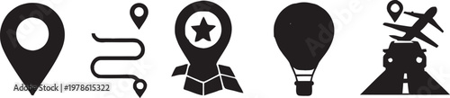 Travel location map pin journey transport vacation icon set