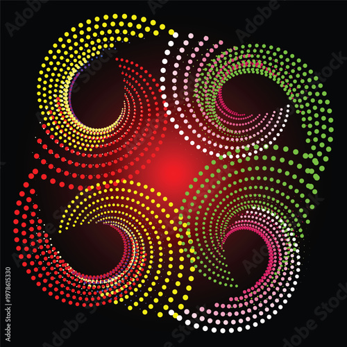 Colorful Dot Spiral Rings Around A Red Center On Black