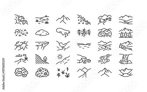 Alpine flower habitats with mountain slopes, rocky terrain, alpine meadows and high altitude environments clean monoline outline