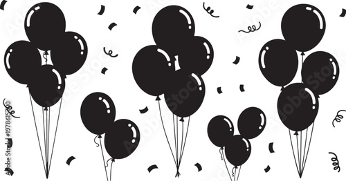 Black balloons with confetti and letters celebration