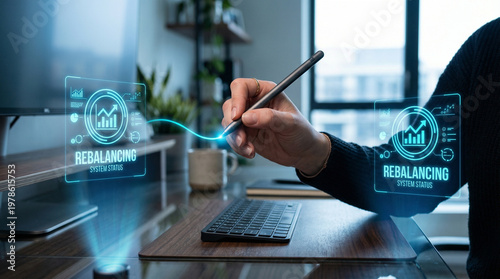High level planning for financial rebalance in modern office with hand and digital chart