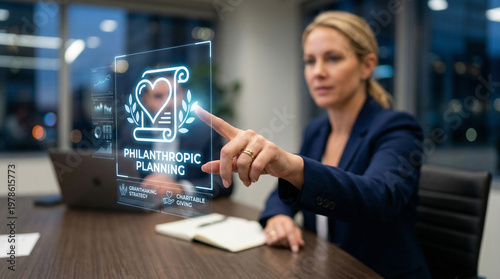 Charitable planning for high level financial planning in office with focused woman and digital interface