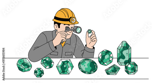 Miner carefully examining emeralds under magnification with headlamp illustration