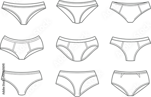 Collection of nine line art illustrations of women's underwear styles panties briefs