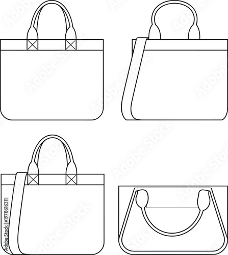 Four Different Views of a Simple Tote Bag and Handbag Outline illustration