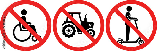 Prohibition signs for wheelchairs, tractors, and electric scooters