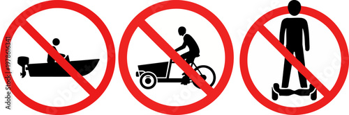 Set of Prohibition Signs for Boats, Cargo Bikes and Hoverboards