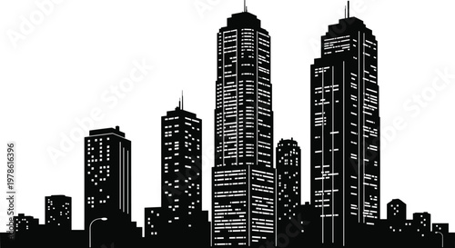 Vector illustration of a modern city skyline at night, featuring black building silhouettes, glowing windows, and urban architectural downtown skyscrapers.