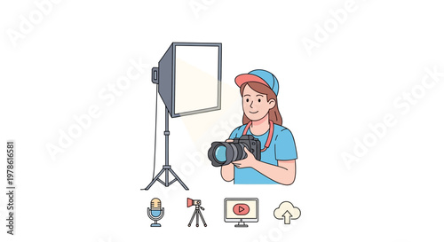 Woman holding professional camera equipment.