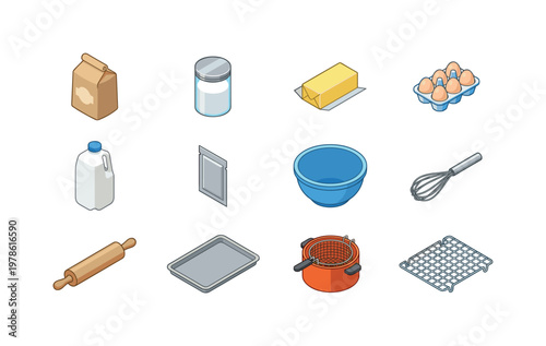 Collection of isometric baking ingredients and tools on a white background