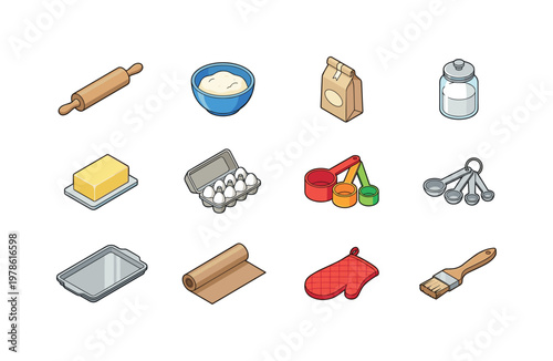Collection of baking ingredients and tools in a clean isometric illustration