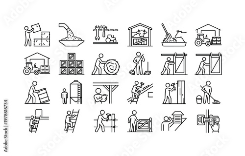 Barn usage with storing, loading, unloading, stacking, feeding, sheltering, and maintenance activities clean monoline outline icon