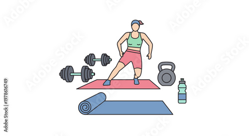 Man exercising with dumbbells and kettlebell.