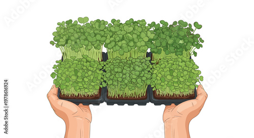 Hands hold trays of young plants ready for transplant in a garden setting during daylight hours