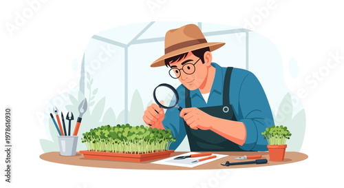 Man looks at plants with magnifying glass in a garden setting during the day while working on a project with tools