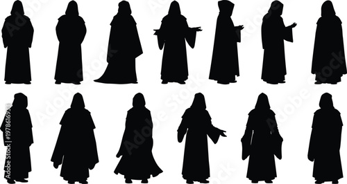Foto Black silhouette vector illustrations of mysterious hooded figures in long robes