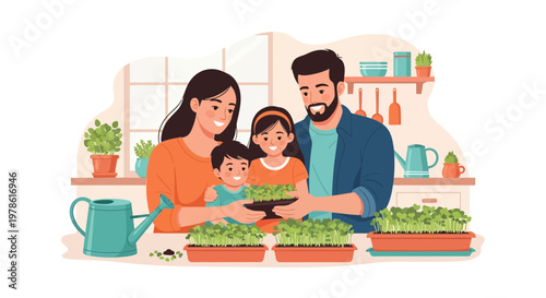 Family working together in kitchen to grow plants and teach children about gardening