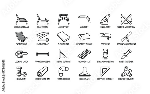 Beach lounger parts with frames, fabric slings, cushions, hinges, feet and structural components clean monoline outline icon set