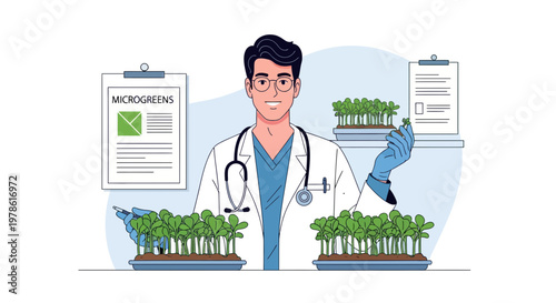Doctor with microgreens in a lab setting engages in plant cultivation to promote health and nutrition for patients and the community