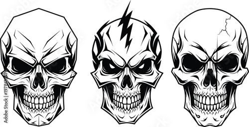 Black silhouette vector illustrations of stylized skulls with geometric features, lightning bolt design, and cracked cranium for tattoo or graphic art
