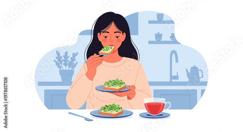 Woman enjoys tasty toast and tea in a kitchen at breakfast time while sitting at a table with some plants around her