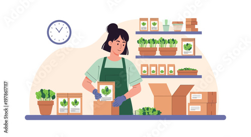 Woman packing plant products in a shop with shelves filled with pots and boxes in the background at midday