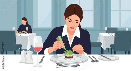 Woman preparing food at a table in a restaurant during dinner time with another diner in the background