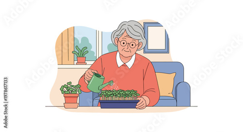 Elderly person waters plants in a living room during daylight hours