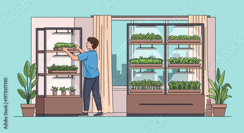 Person caring for plants in indoor garden with organized shelves and bright colors in a modern room during daytime