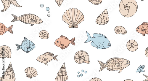 Colorful fish and seashells illustration.