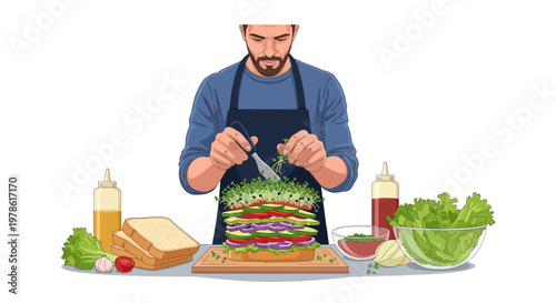 Chef prepares a large sandwich with vegetables and condiments on a wooden board in a kitchen setting during the day