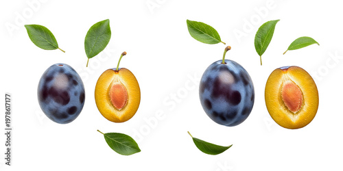 a best set of the fresh Plums, half and whole purple fruits with fresh green leaves in white background PNG photo .