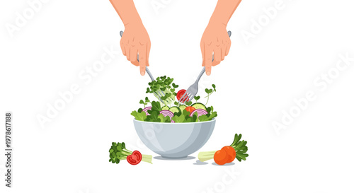 Hands mix fresh salad ingredients in a large bowl with greens, tomatoes, radishes, and carrots on a white background