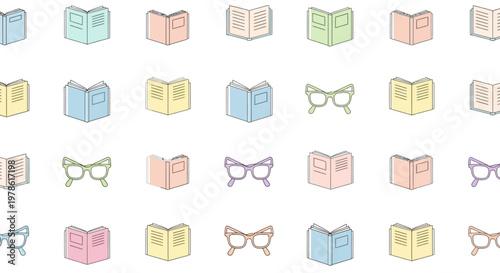 Colorful books and reading glasses icons.