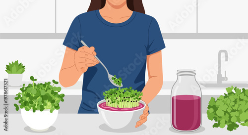 Person preparing a dish with sprouts in a kitchen at home during daytime while mixing ingredients in a bowl