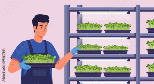 Man working in indoor garden with shelves of growing plants in urban setting during daylight hours